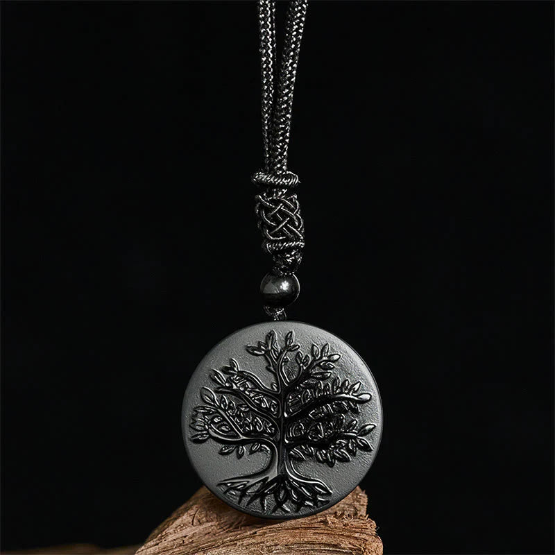 Buddha Stones Natural The Tree of Life Pattern Black Obsidian Transformation Necklace Pendant