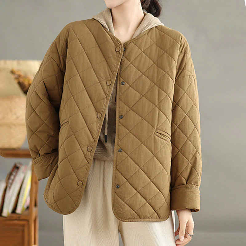Buddha Stones Women's Buttons Design Cotton Thermal Diamond-quilted Long Sleeve Jacket With Pockets