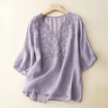 Buddha Stones Summer Casual Embroidered Flowers Women's V-neck Design Half Sleeve Acrylic T-shirt