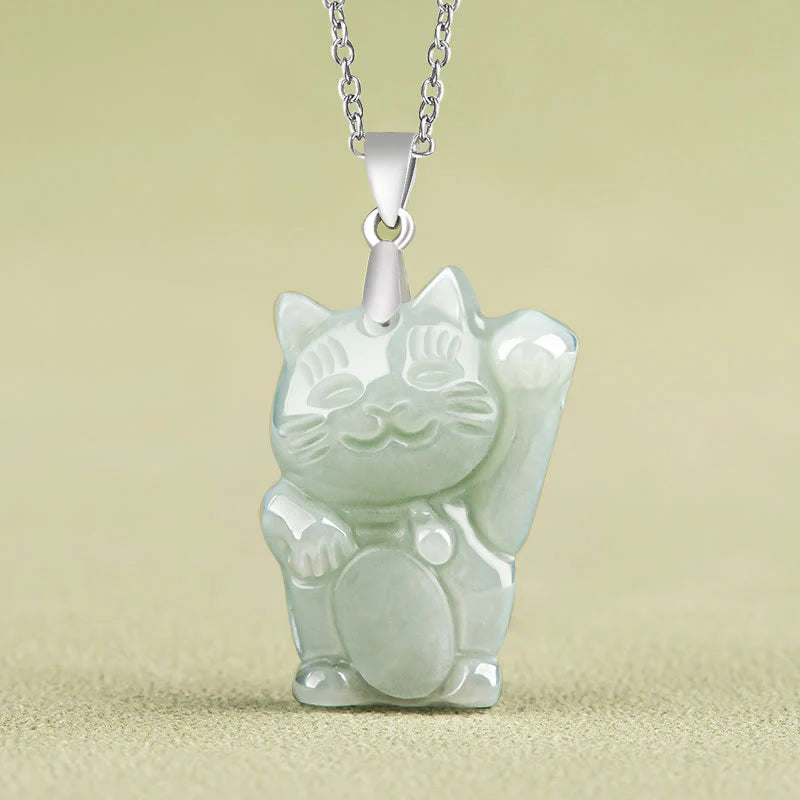 Buddha Stones Jade Fortune Cat Prosperity Titanium Steel Necklace Pendant