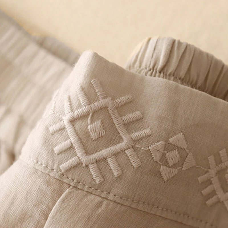 Buddha Stones Geometric Embroidery Elastic Waist Women's Cotton Linen Wide Leg Pants With Pockets