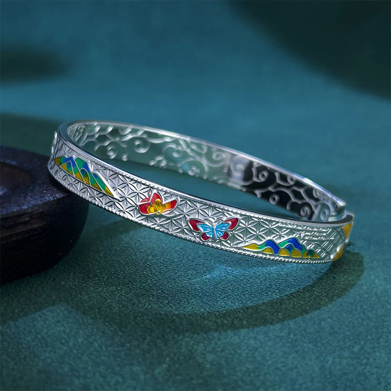 Buddha Stones Sun Butterfly Pattern Copper Enamel Love Open Adjustable Bracelet Bangle