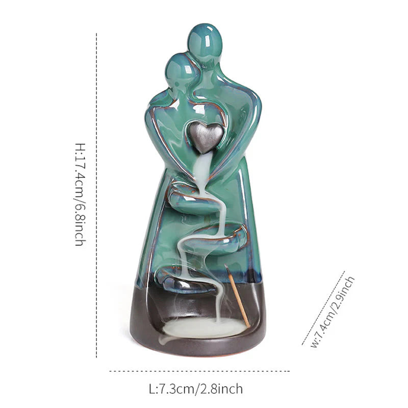 Buddha Stones Lovers Couple Embrace Love Ceramic Backflow Smoke Fountain Healing Incense Burner Decoration