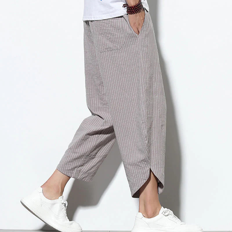 Buddha Stones Summer Stripes Pattern Drawstring Cotton Linen Men's 7-8 Length Harem Pants With Pockets