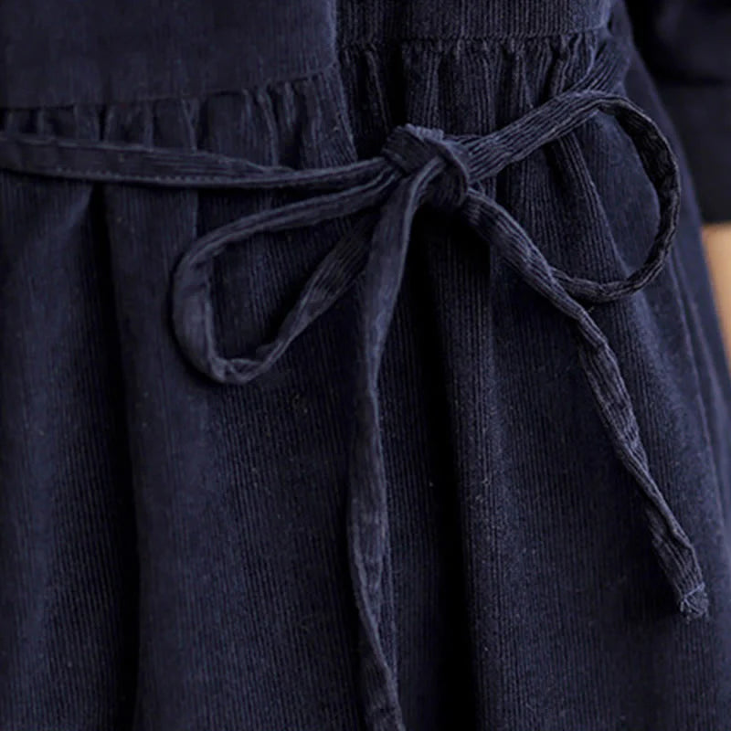 Buddha Stones Lace-Up Design Ruffled Crew Neck Cotton Corduroy Long Sleeve Midi Dress With Pockets