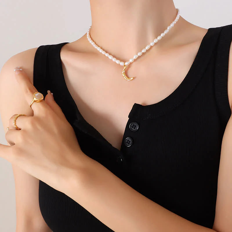 Pearl Crescent Moon Calm Necklace Pendant (Extra 35% Off | USE CODE: FS35)