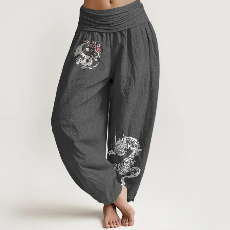 Buddha Stones Dragon Yin Yang Waves Flower Pattern Pure Cotton Women's Elastic Waist Harem Pants
