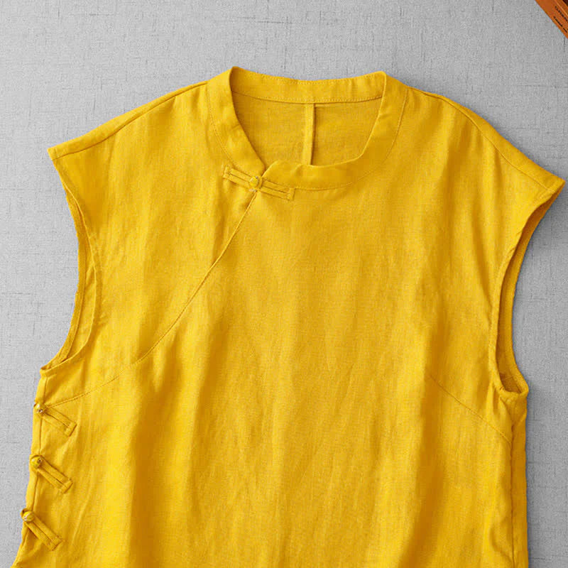 Buddha Stones Chinese Frog-Button Lace Patchwork Design Stand Collar Women's Cotton Sleeveless Vest