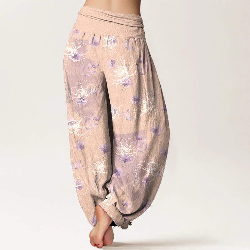 Buddha Stones Cotton Exquisite Retro Flower Pattern Women's Elastic Waist Harem Pants