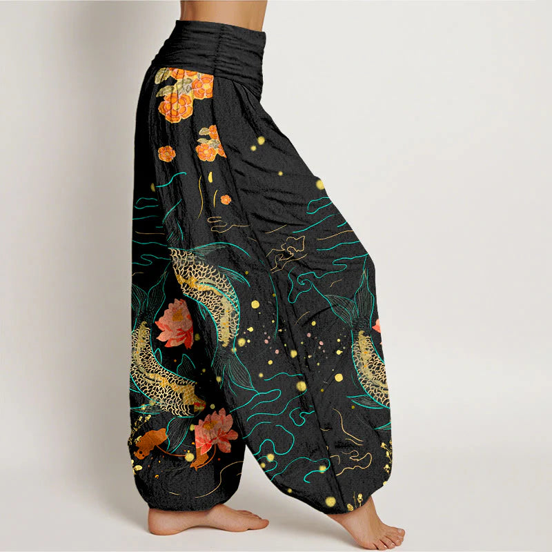 Buddha Stones Koi Fish Lotus Pattern Women's Elastic Waist Harem Pure Cotton Printed Pants