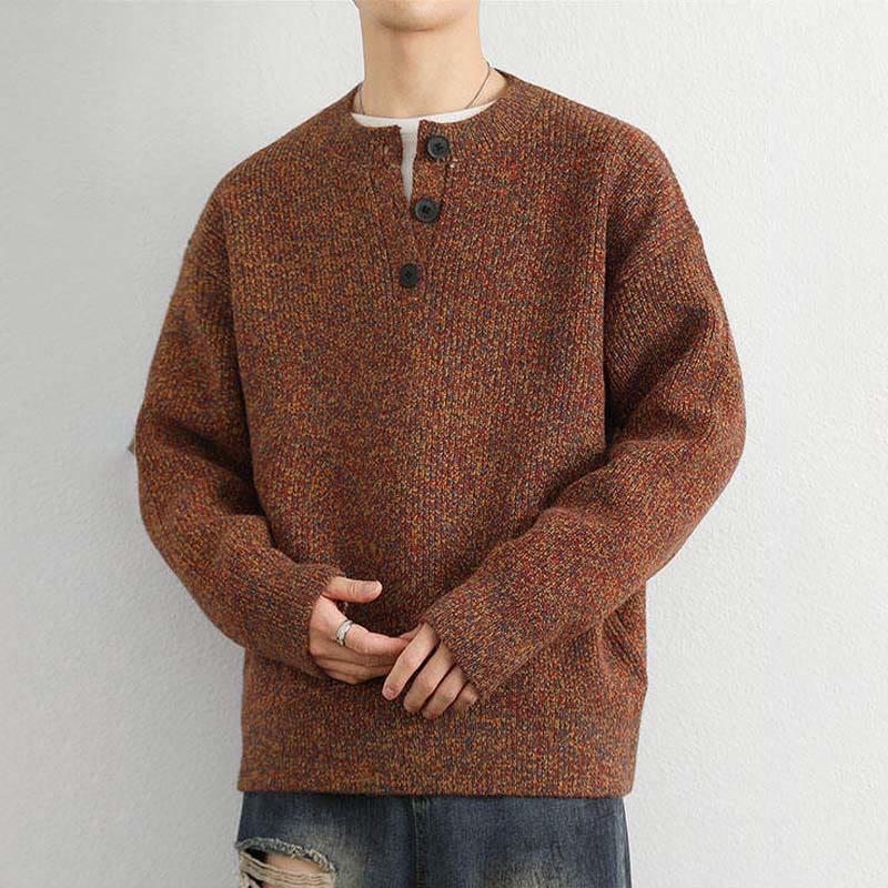 Buddha Stones Winter V-Neck Buttons Ribbed Design Warm Men's Long Sleeve Knitted Sweater