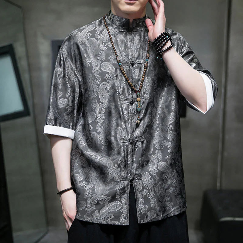 Buddha Stones Summer Cashew Flowers Pattern Men's Frog-Button Half Sleeve Shirts