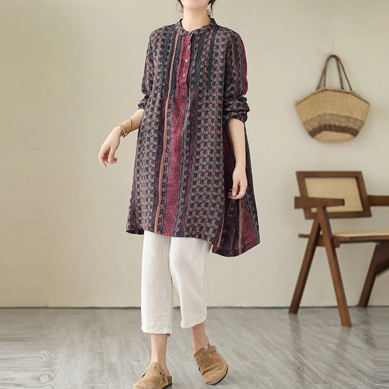 Buddha Stones Retro Printed Floral Women's Accordion Pleats Design Long Sleeve Shirt With Pockets