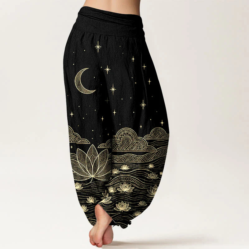 Buddha Stones Pure Cotton Elegant Moon Star Cloud Lotus Flower Water Ripple Pattern Women's Elastic Waist Harem Pants