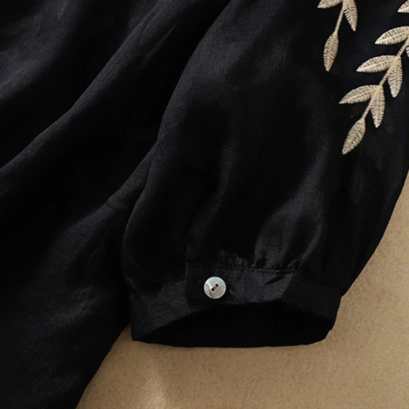 Buddha Stones Embroidery Leaves Women's Cotton Linen Half Sleeve T-shirt