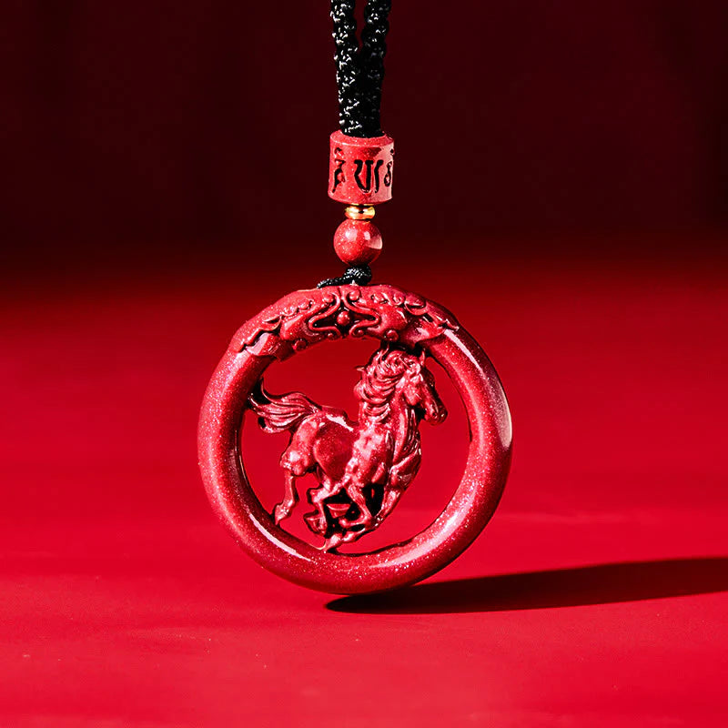 Buddha Stones Year Of The Horse Carving Peace Buckle Natural Cinnabar Concentration Necklace Pendant