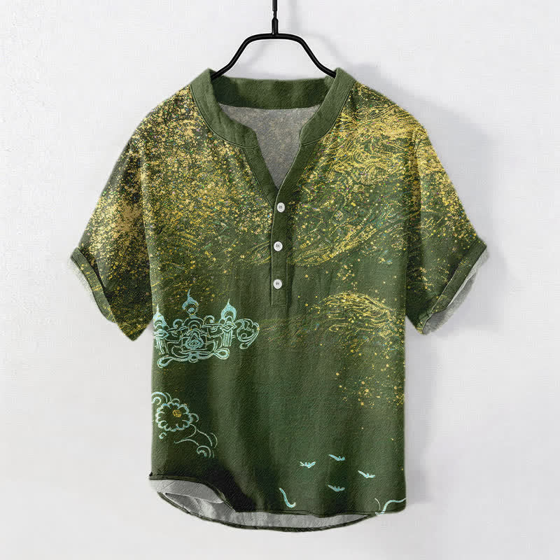 Buddha Stones Cotton Splatter Dye Galaxy-Inspired Henley Men's Short Sleeve Half Button Shirt