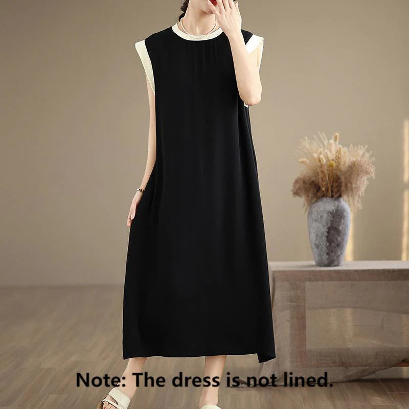 Buddha Stones Pure Color Slit Design Sleeveless Cotton Midi Dress With Pockets