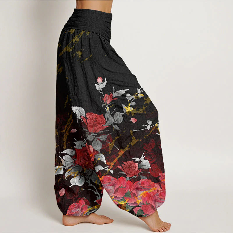 Buddha Stones Cotton Blooming Roses Pattern Women's Elastic Waist Harem Pants