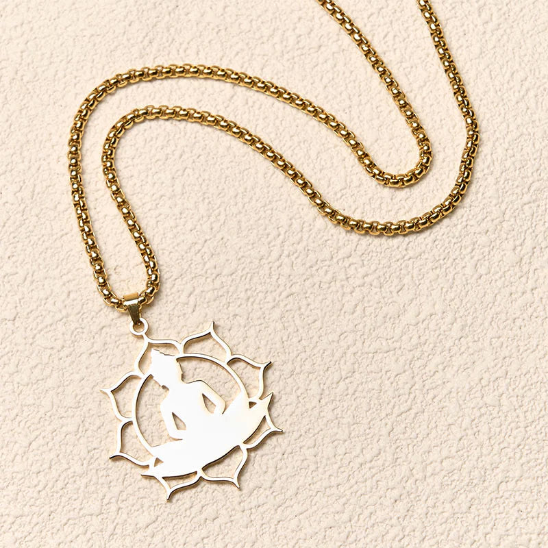 Buddha Stones Vintage Lotus Sitting Buddha Design Stainless Steel Enlightenment Necklace Pendant