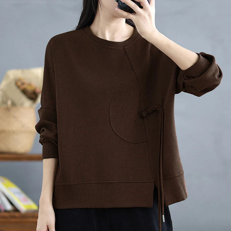Buddha Stones Plain Frog-button Design Crew Neck Cotton Women's Long Sleeve Sweatshirt