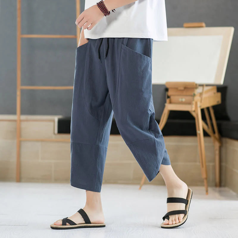Buddha Stones Summer Men's Solid Color 7-8 Length Cotton Linen Drawstring Pants With Pockets