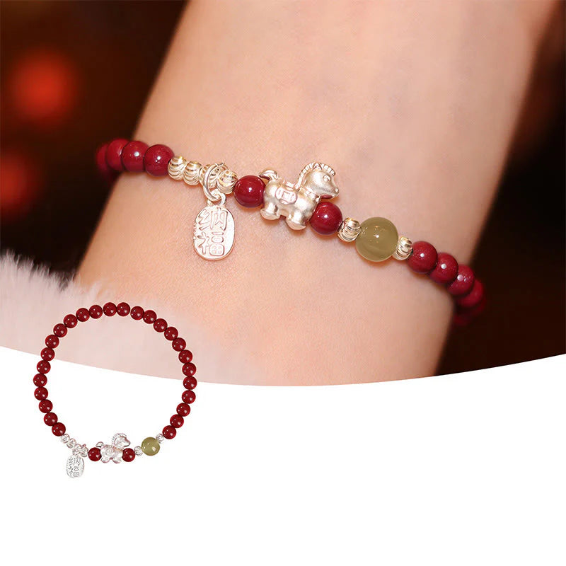 Buddha Stones Year Of The Horse Cinnabar Hetian Jade 999 Sterling Silver Red String Concentration Bracelet