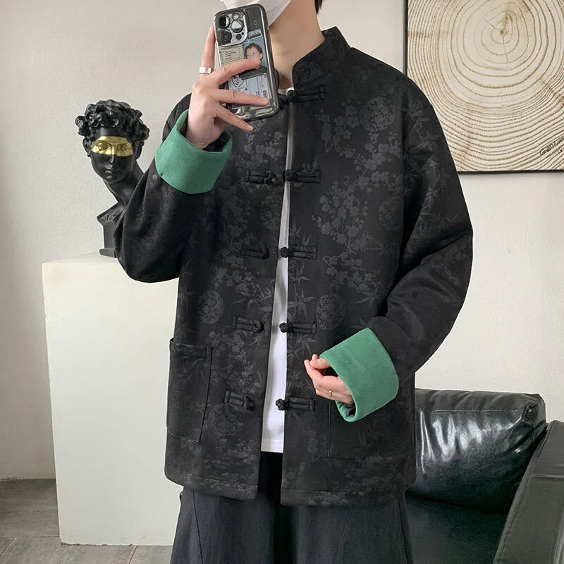 Buddha Stones Fall Jacquard Bamboo Frog-button Long Sleeve Men's Cotton Jacket With Pockets