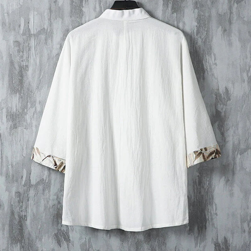 Buddha Stones Summer Frog-button Patchwork Half Sleeve Design Cotton Linen Men's Shirt Jacket