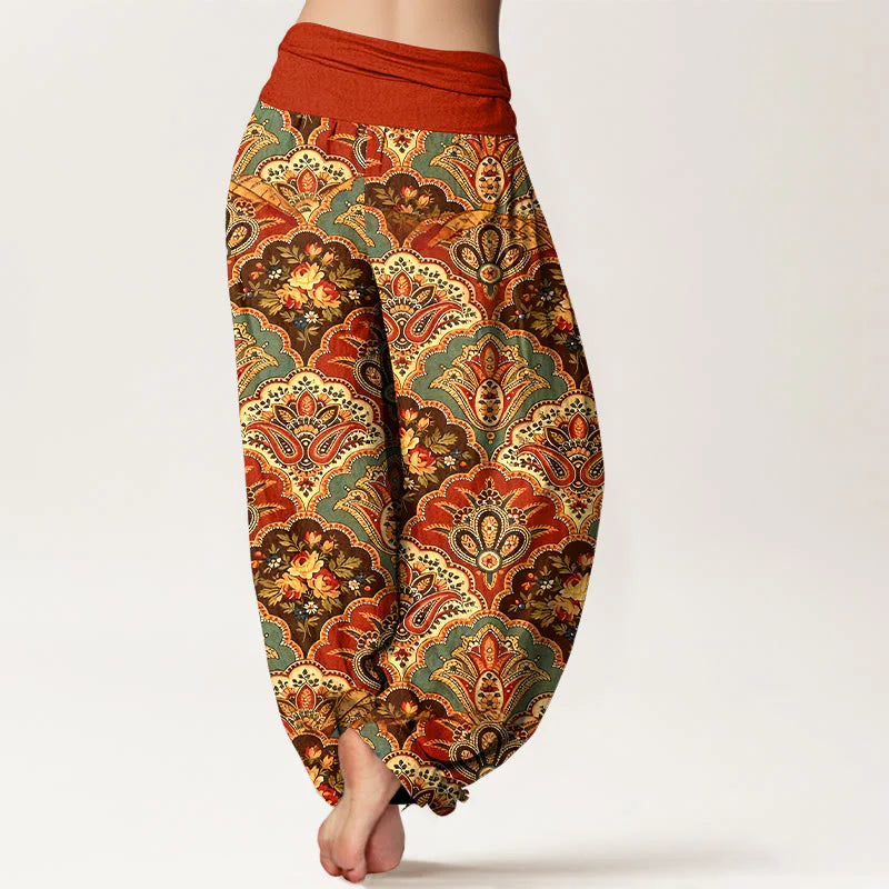 Buddha Stones Cotton Repetitive Fan Shape Flowers Leaves Pattern Women's Elastic Waist Harem Pants