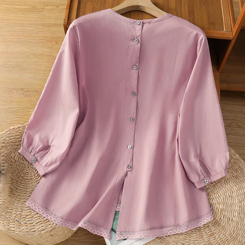 Buddha Stones Plain Lace Hem Single Breasted Button Cotton Linen Three Quarter Sleeve Women's Crew Neck Shirt