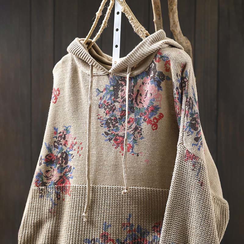 Buddha Stones Women's Knitted Floral Cotton Long Sleeve Hooded Sweater