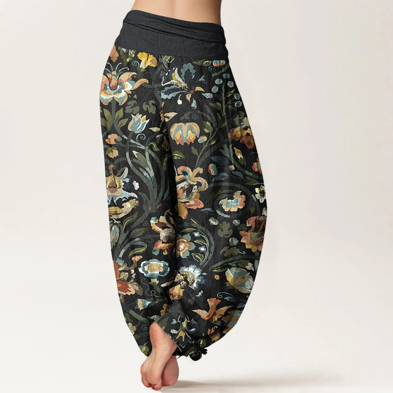 Buddha Stones Cotton Retro Flowers Vines Bird Pattern Women's Elastic Waist Harem Pants