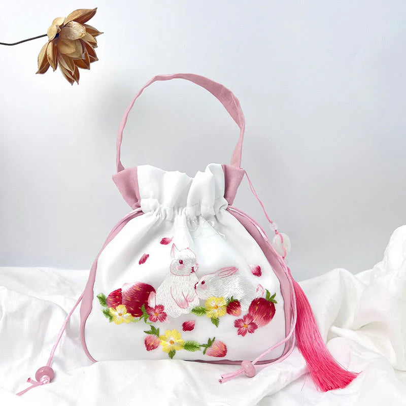 Buddha Stones Suzhou Embroidery Rabbit Lotus Epiphyllum Peony Magnolia Silk Tote Crossbody Bag Shoulder Bag Handbag