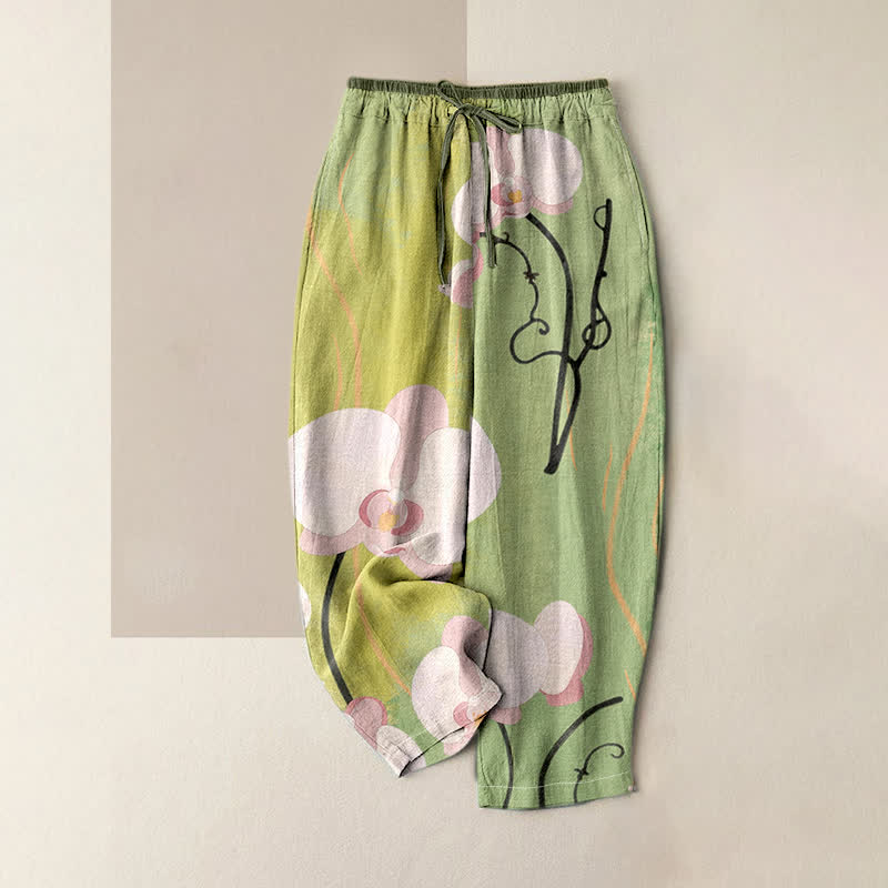 Buddha Stones Cotton Orchid Print Drawstring Women's Elastic Waist Pants With Pockets