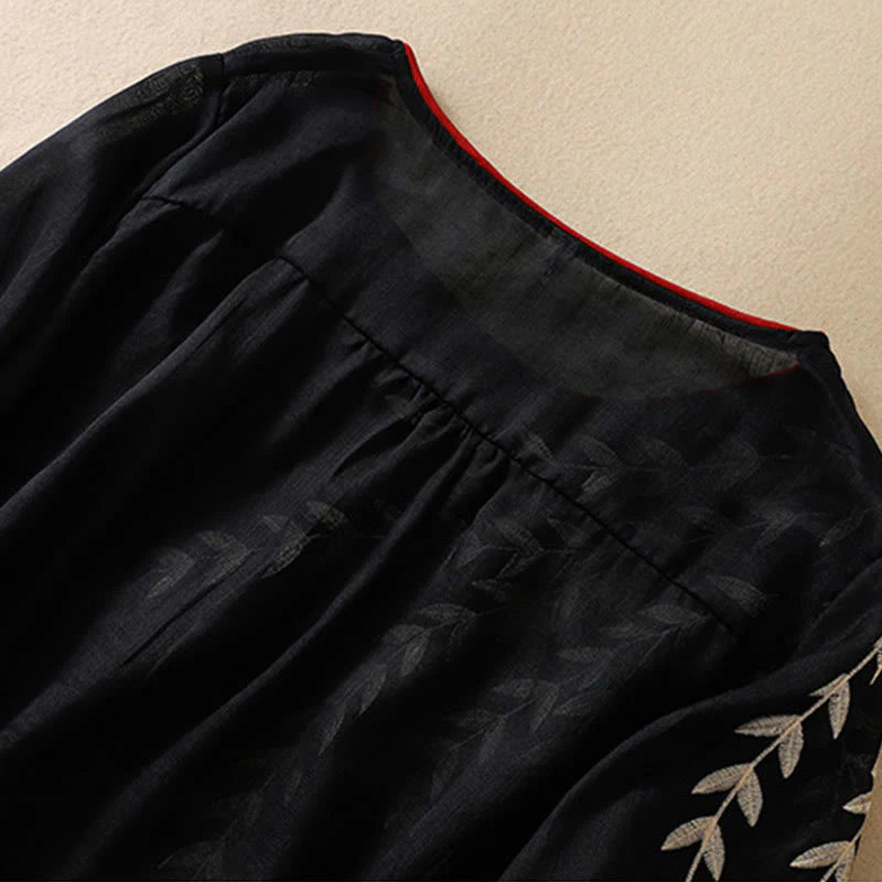 Buddha Stones Embroidery Leaves Women's Cotton Linen Half Sleeve T-shirt