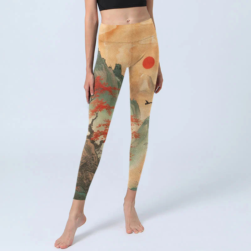 Buddha Stones Mountains Trees Rising Sun Pattern Print Gym Leggings Women's Yoga Pants