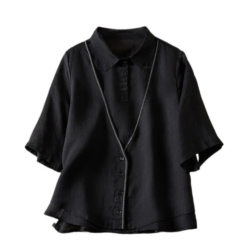 Buddha Stones Retro Plain Fake Two Pieces Button Half Sleeve Design Women's Cotton Linen Shirt