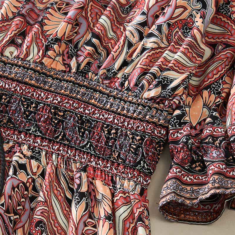 Buddha Stones Summer Peacock Paisley Tie Waist Viscose Lantern Sleeves Maxi Dress