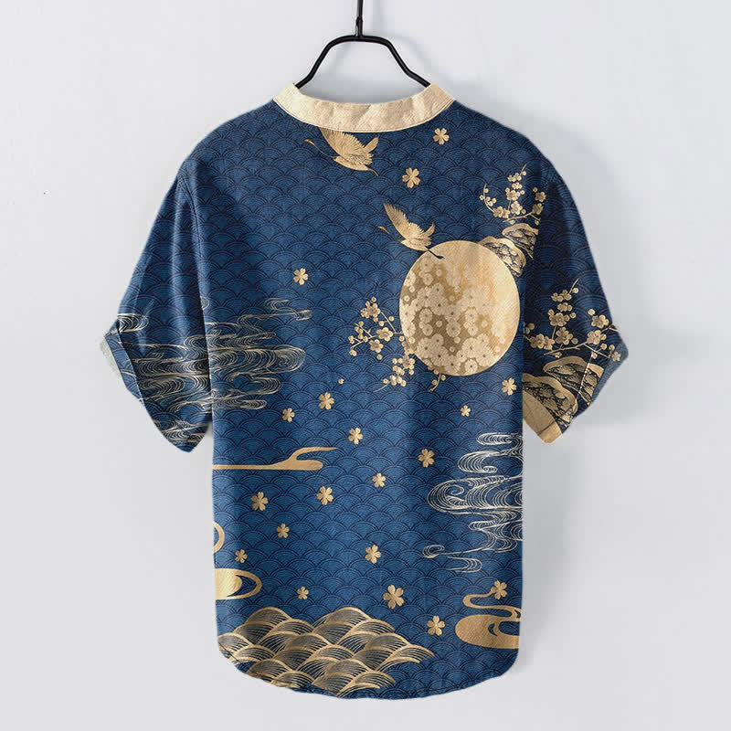 Buddha Stones Cotton Plum Blossom Full Moon Crane Emblem Men's Short Sleeve Half Button Shirt