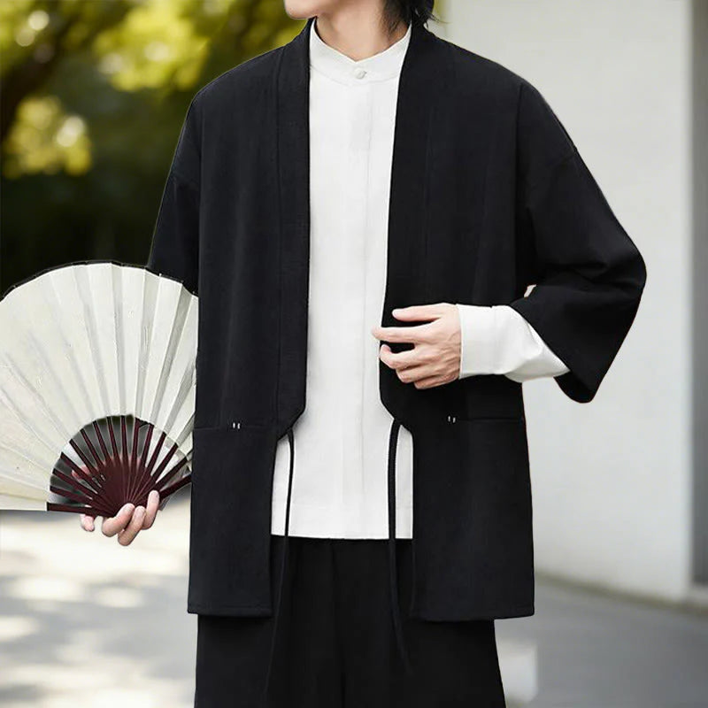 Buddha Stones Solid Color Open Front Long Sleeve Corduroy Jacket Men's Kimono Cotton Linen Shirt