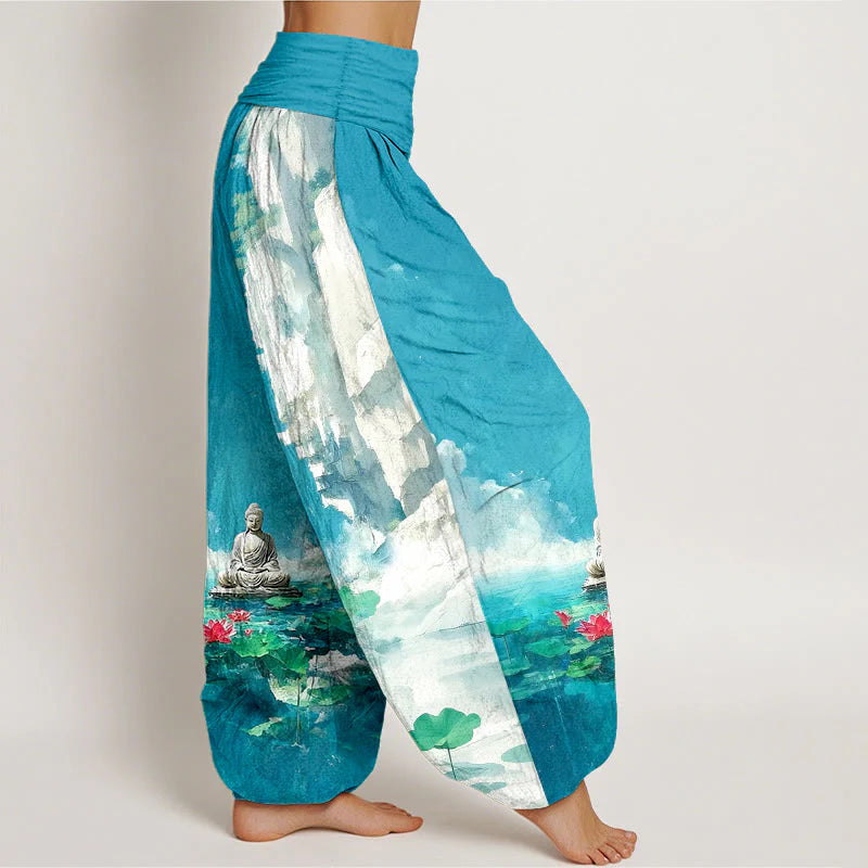 Buddha Stones Cotton Lotus Flower Leaf Rocks Water Surface Cloud Buddha Pattern Women's Elastic Waist Harem Pants
