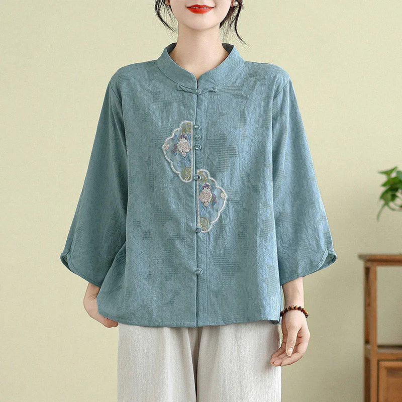 Buddha Stones Flower Embroidery Jacquard Three Quarter Sleeve Frog-Button Cotton Women's Shirt