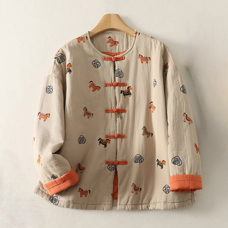 Buddha Stones Horse Fu Character Pattern Frog-Button Design Women's Long Sleeve Thickened Jacket