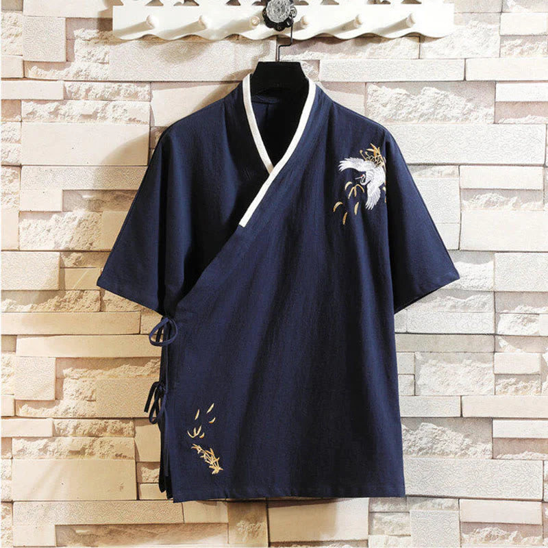 Buddha Stones Tang Suit Embroided Crane Pattern Lace-Up Side Men's Cotton Linen Short Sleeve T-Shirt