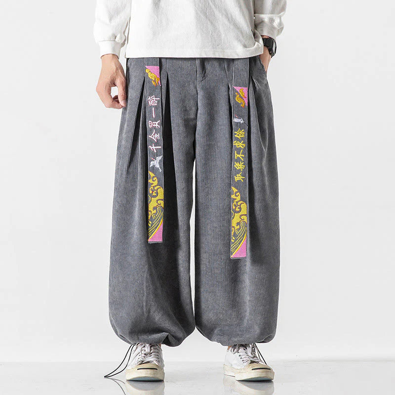 Buddha Stones Fall Winter Lace-up Chinese Character Embroidery Men's Corduroy Pants With Pockets