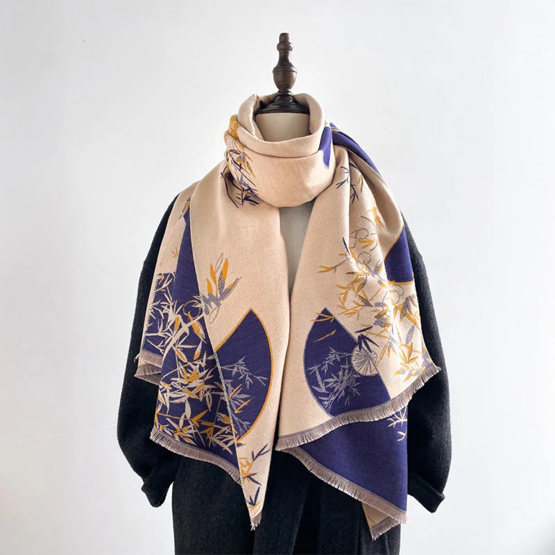 Buddha Stones Winter Fan Bamboo Peony Flowers Pattern Cozy Scarf Shawl