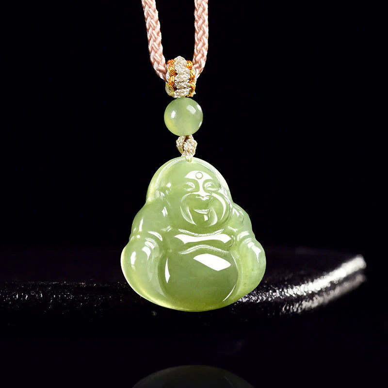 Buddha Stones Green Jade Laughing Buddha Prosperity Rope Necklace Pendant