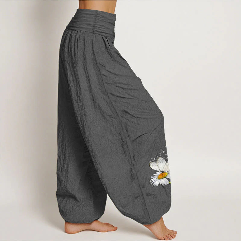 Buddha Stones Pure Cotton Elegant Daisy Butterfly Dragonfly Pattern Women's Elastic Waist Harem Pants