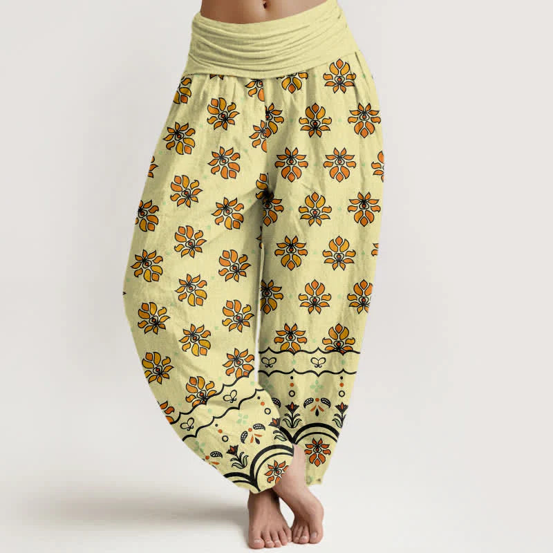Buddha Stones Floral Pattern Pure Cotton Women's Harem Elastic High Waist Pants